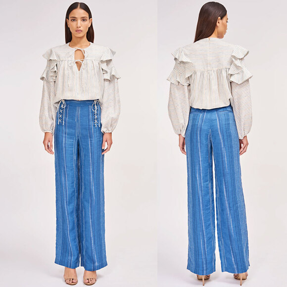AMUR Leah Striped Linen Side Tie Stright Leg Pant in Blue Size 6 - Picture 1 of 16